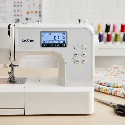 Brother CS7000X control panel showcasing its digital display and stitch selection buttons, ideal for modern sewing machines