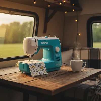 Brother XM2701 portable sewing machine in a cozy travel setting, ideal for on-the-go crafting.
