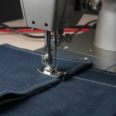 A heavy-duty sewing machine powerfully stitching through multiple layers of thick denim fabric with precision.