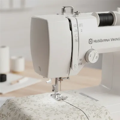 Husqvarna Viking Emerald 118 sewing machine showcasing its user-friendly features like the needle threader and stitch dial.