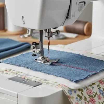 A close-up of the Pfaff Ambition 610's IDT system in action, sewing through multiple layers of fabric with precision