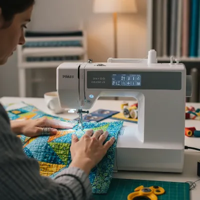 A quilter meticulously stitching a vibrant quilt block on the Pfaff Ambition 610 sewing machine, showcasing the large workspace and LED lighting.