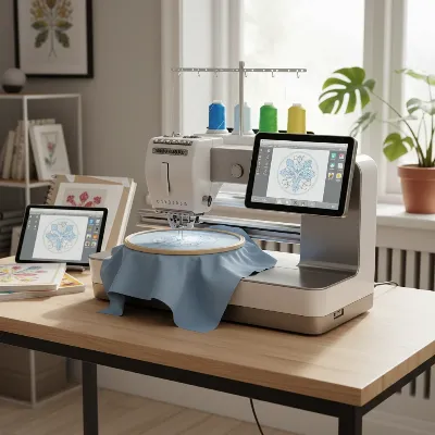 A modern computerized sewing and embroidery machine in a well-lit home studio setting, with fabric hooped and ready for embroidery