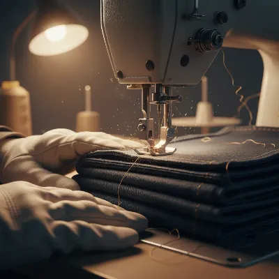 Hands sewing multiple layers of denim fabric to demonstrate sewing machine durability and strength