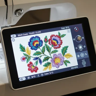 A close-up of a modern sewing and embroidery machine's touchscreen display showing a colorful, intricate floral embroidery design in progress