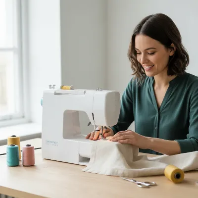 A person happily using a compact sewing machine on a desk, working on a small craft project like hemming a fabric. The scene is bright and shows the ease of use, with various colorful threads and simple sewing tools around.