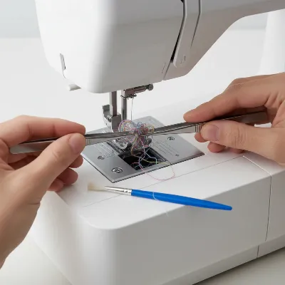A person gently clearing a thread jam from a sewing machine's bobbin area with tweezers and a small brush