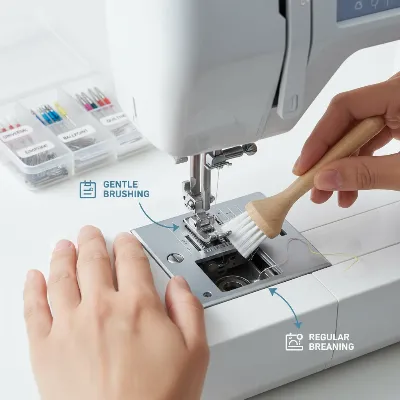 A detailed illustration showing a person cleaning a sewing machine with a small brush, with needles and thread neatly organized in the background, promoting proper maintenance.