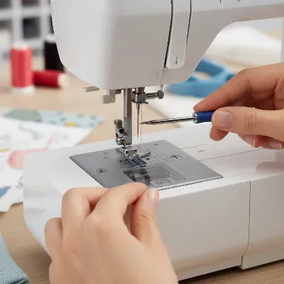 A close-up view of hands carefully removing a broken sewing machine needle with a small screwdriver, emphasizing safety.