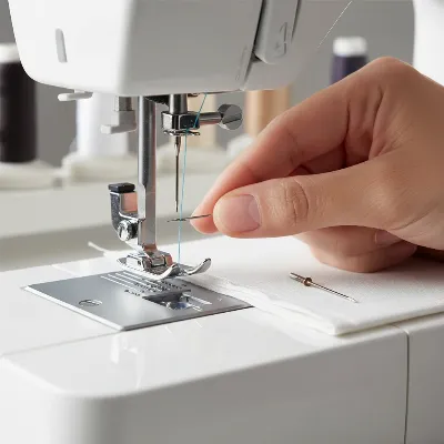 Hand replacing a sewing machine needle with a new one to prevent thread breaking