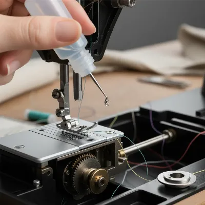Hand applying sewing machine oil to the bobbin race of a domestic sewing machine during maintenance