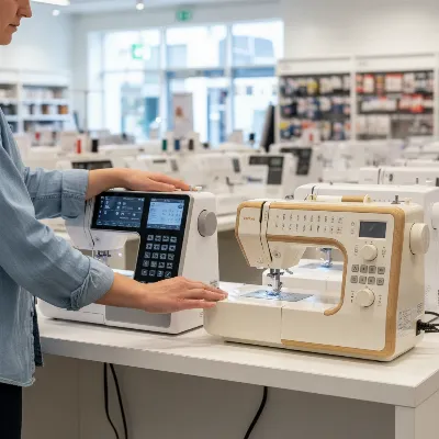 A person thoughtfully considering various sewing machine models in a modern, well-lit store, focusing on features and design.