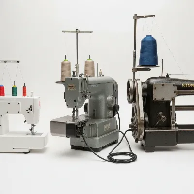 A close-up shot of various sewing machine types from domestic to industrial, highlighting their design differences and varying sizes