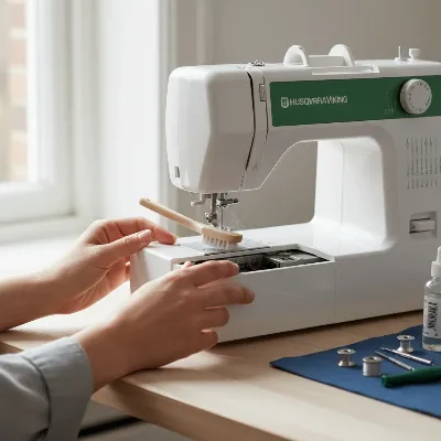 A person's hands performing maintenance on a sewing machine, like oiling or cleaning, in a well-lit home setting.