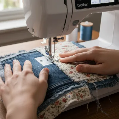 A person expertly sewing on the Brother CS7000X sewing machine, illustrating its performance on various fabric types