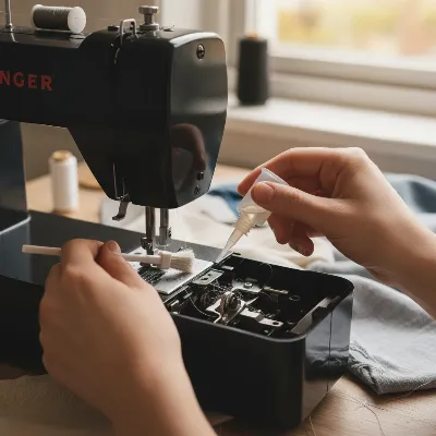 A person cleaning and oiling a Singer Heavy Duty 4452 sewing machine with a lint brush and oil bottle.